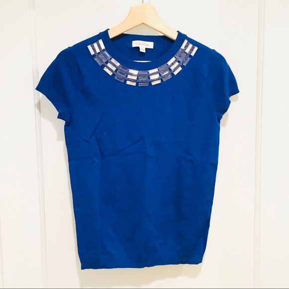 Calvin Klein Sweaters - ⭐️ Calvin Klein Blue Knit Top Embellished Neckline S